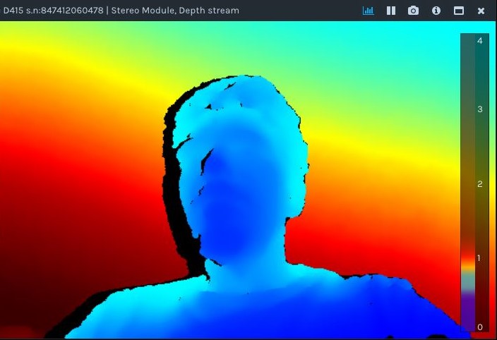 Ein Tiefenkartenbild für die 3D-Digitalisierung zeigt die Silhouette einer Person in Blau vor einem Hintergrund mit einem Farbverlauf von Gelb nach Rot. Ein Farbbalken auf der rechten Seite zeigt Tiefenwerte von 0 (rot) bis 4 (blau-grün) an.