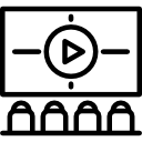 Das Symbol von vier Personen, die vor einem großen Bildschirm mit einer Abspieltaste sitzen, stellt eine Gruppe dar, die ein Video oder einen Film in einem Theater oder einer 3D-Digitalisierungspräsentation ansieht.