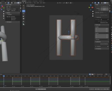 Ein Blender 3D-Modellierungsarbeitsbereich mit einem metallischen Großbuchstaben H in der Mitte des Fensters, mit Animationsrahmen am unteren Rand und verschiedenen Werkzeugfeldern an den Seiten.