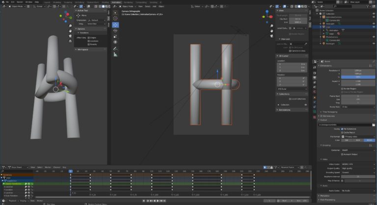 Ein Blender 3D-Modellierungsarbeitsbereich mit einem metallischen Großbuchstaben H in der Mitte des Fensters, mit Animationsrahmen am unteren Rand und verschiedenen Werkzeugfeldern an den Seiten.