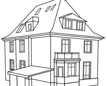 Schwarz-weiße Strichzeichnung eines zweistöckigen Hauses mit Schrägdach, Dachgaube, Schornstein, mehreren rechteckigen Fenstern und einer kleinen angebauten Garage - ideal für 2D-Design oder LaserCut-Projekte.