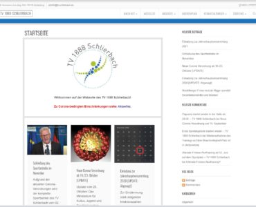 Screenshot der Homepage des Sportvereins TV 1888 Schlierbach mit Logo, Willkommensgruß, COVID-19-Update und Rubriken für Neuigkeiten - modernes Webdesign und nützliche Webtools für eine einfache Navigation sind hier zu sehen.