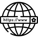 Ein Globus-Symbol mit einer Web-Adressleiste, auf der https://www zu lesen ist, und einem kleinen Zahnrad-Symbol auf der rechten Seite, das Webdesign oder Website-Einstellungen mit wichtigen Webtools darstellt.