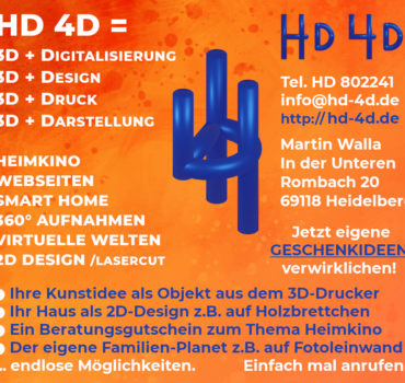 Eine orangefarbene und blaue Werbung für HD 4D, die ihre 3D- und 2D-Designdienstleistungen, Kontaktdaten und kreative Ideen wie 3D-gedruckte Kunst und Hausdesigns auflistet, mit grafischen Symbolen und einem stilisierten blauen Logo.