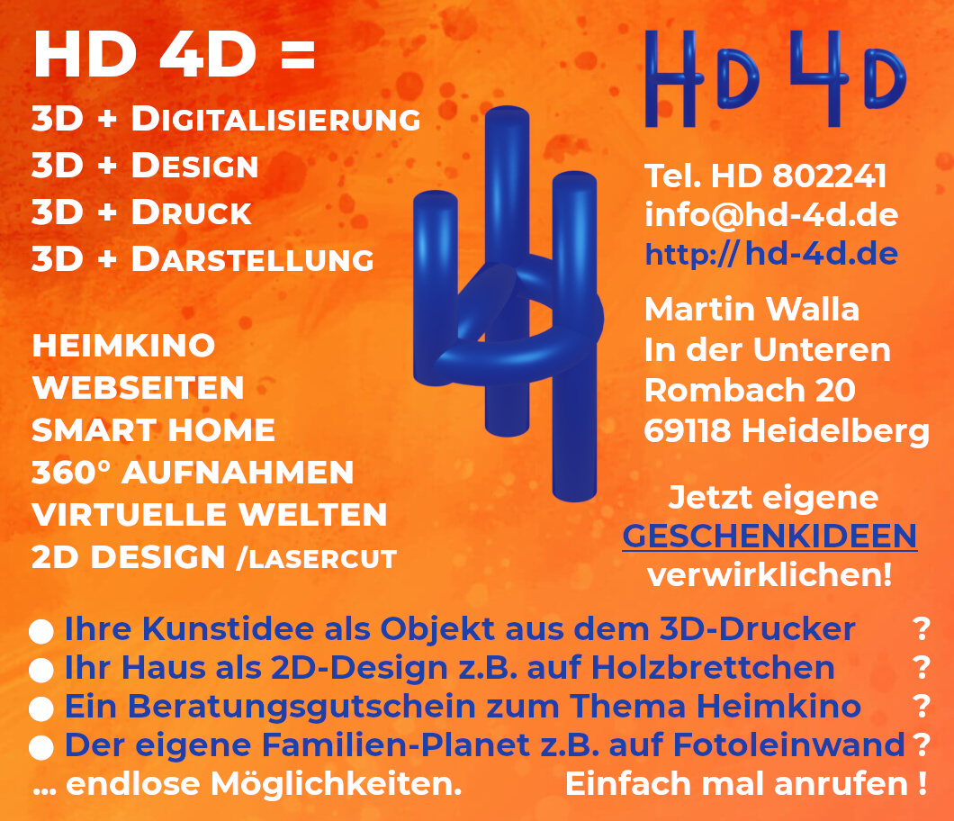 Eine orangefarbene und blaue Werbung für HD 4D, die ihre 3D- und 2D-Designdienstleistungen, Kontaktdaten und kreative Ideen wie 3D-gedruckte Kunst und Hausdesigns auflistet, mit grafischen Symbolen und einem stilisierten blauen Logo.