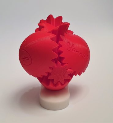 Ein rotes, 3D-gedrucktes, herzförmiges Objekt mit ineinander greifenden Zahnrädern auf einem weißen, runden Sockel vor einem schlichten, hellgrauen Hintergrund.