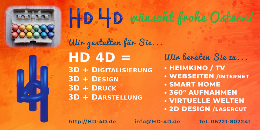 Eine farbenfrohe Osterwerbung für HD 4D mit bemalten Eiern in einem Karton und ihren 3D-Digitalisierungs-, Design-, Druck- und Beratungsdienstleistungen in deutscher Sprache auf einem orangefarbenen Hintergrund. Frohe Ostern!.