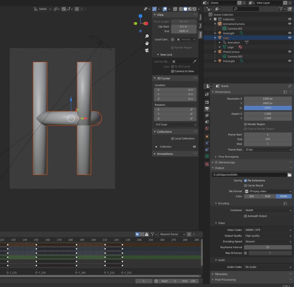 Screenshot der 3D-Animationsoberfläche von Blender mit einem grauen H-Objekt im Ansichtsfenster, mit Keyframes für die Zeitleiste und verschiedenen Einstellungsfeldern an den Seiten.