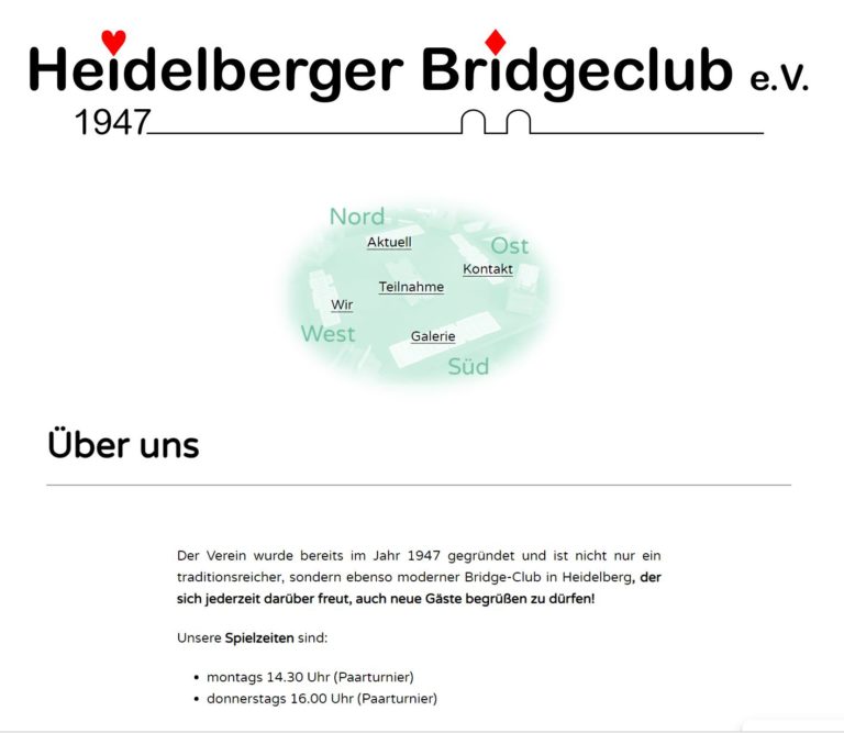 Screenshot der Website des Heidelberger Bridgeclub e.V.. In der Kopfzeile befindet sich der Clubname mit einer roten Raute und einem Herzsymbol, darunter 1947. Darunter befinden sich eine Navigationskarte und Clubinformationen mit Treffpunkten.