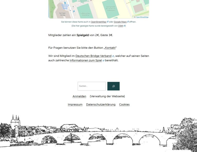 Eine deutschsprachige Website zeigt eine Karte, einen Text über Mitgliedsbeiträge, eine Suchleiste und Kontaktmöglichkeiten. Am unteren Rand befindet sich eine Schwarz-Weiß-Skizze eines Flusses, einer Brücke und von Gebäuden.