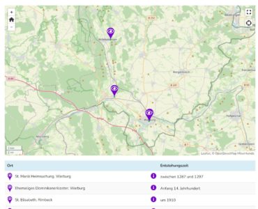 Eine Karte mit vier markierten historischen Orten in der Nähe von Warburg, Deutschland. Darunter sind in einer Legende die Namen und Entstehungsdaten der Orte aufgeführt, die vom 13. bis zum 19.