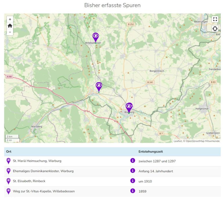 Eine Karte mit vier markierten historischen Orten in der Nähe von Warburg, Deutschland. Darunter sind in einer Legende die Namen und Entstehungsdaten der Orte aufgeführt, die vom 13. bis zum 19.