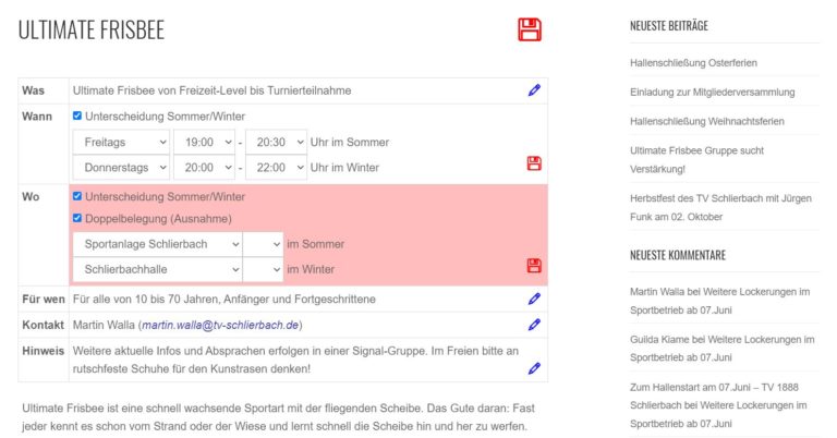 Screenshot einer Webseite mit Angaben zu den Ultimate-Frisbee-Sitzungen, ihren Terminen im Sommer und Winter, Kontaktinformationen, dem Ort und dem Zielalter der Gruppe. Auf der linken Seite finden Sie Informationen zu den Trainingseinheiten, auf der rechten Seite die letzten Beiträge und Kommentare.