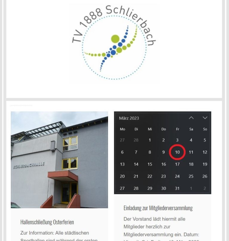 Screenshot einer Website des TV 1888 Schlierbach mit dem Vereinslogo, einem Foto eines Gebäudes mit der Aufschrift Schlierbachhalle und einem Kalender für März 2023, in dem der 10. März hervorgehoben wird, mit Einladungsdetails.